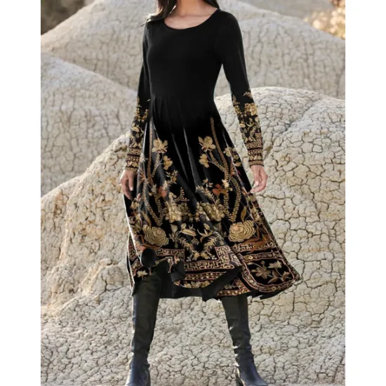 Online Women's Midi Dress A Line Dress Casual Dress Winter Dress Swing Dress Fashion Streetwear Mature Formal Outdoor Vacation Regular Fit Floral Long Sleeve Crew Neck Spring Fall Winter Women Casual Dress