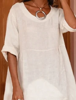 Clearance Women's Midi Dress A Line Dress Summer Dress Casual Daily Loose Fit Plain 3/4 Length Sleeve Notched Neck White Purple Green Army Green Summer Women Casual Dress