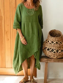 Clearance Women's Midi Dress A Line Dress Summer Dress Casual Daily Loose Fit Plain 3/4 Length Sleeve Notched Neck White Purple Green Army Green Summer Women Casual Dress