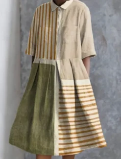 Online Women's Midi Dress A Line Dress Summer Dress Casual Daily Regular Fit Geometric Striped Half Sleeve Lapel Red Blue Sky Blue Apricot Summer Women Casual Dress|Vacation Dresses