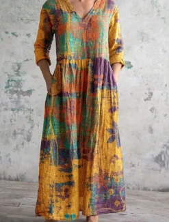 Sale Women's Midi Dress A Line Dress Casual Daily Regular Fit Floral 3/4 Length Sleeve V Neck Yellow Dark Green Brown Green Summer Spring Fall Women Casual Dress