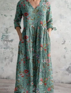 Sale Women's Midi Dress A Line Dress Casual Daily Regular Fit Floral 3/4 Length Sleeve V Neck Yellow Dark Green Brown Green Summer Spring Fall Women Casual Dress