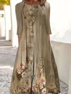 Online Women's Midi Dress A Line Dress Fit And Flare Dress Birthday Casual Boho Party Wedding Guest Daily Floral Graphic Long Sleeve Crew Neck Red Camel Purple Green Women Casual Dress