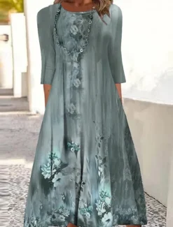 Online Women's Midi Dress A Line Dress Fit And Flare Dress Birthday Casual Boho Party Wedding Guest Daily Floral Graphic Long Sleeve Crew Neck Red Camel Purple Green Women Casual Dress