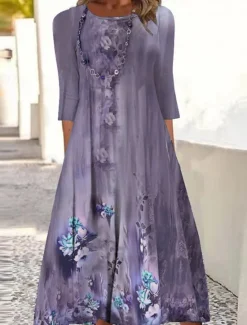 Online Women's Midi Dress A Line Dress Fit And Flare Dress Birthday Casual Boho Party Wedding Guest Daily Floral Graphic Long Sleeve Crew Neck Red Camel Purple Green Women Casual Dress