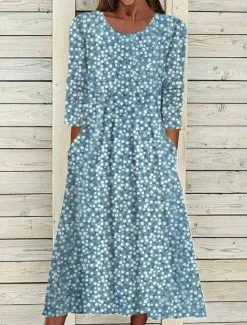 Sale Women's Midi Dress A Line Dress T Shirt Dress Tee Dress Summer Dress Bohemia Vacation Vintage Regular Fit Floral Graphic Ditsy Floral Short Sleeve Crew Neck Navy Blue Light Blue Summer Women Casual Dress
