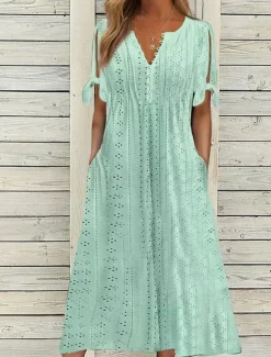 New Women's Midi Dress A Line Dress Summer Dress Boho Dress Pleated Dress Elegant Fashion Modern Outdoor Vacation Daily Loose Fit Plain Short Sleeve V Neck White Pink Blue Green Summer Spring Women White Dresses