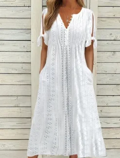New Women's Midi Dress A Line Dress Summer Dress Boho Dress Pleated Dress Elegant Fashion Modern Outdoor Vacation Daily Loose Fit Plain Short Sleeve V Neck White Pink Blue Green Summer Spring Women White Dresses