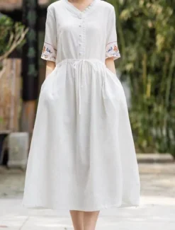 New Women's Midi Dress A Line Dress Casual Daily Loose Fit Floral 3/4 Length Sleeve V Neck White Blue Orange Summer Women Dresses