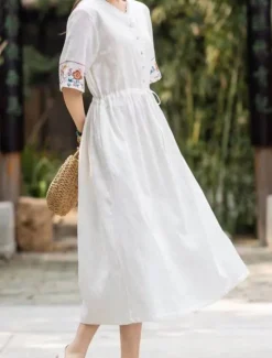 New Women's Midi Dress A Line Dress Casual Daily Loose Fit Floral 3/4 Length Sleeve V Neck White Blue Orange Summer Women Dresses