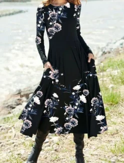 Outlet Women's Midi Dress A Line Dress Casual Dress Winter Dress Swing Dress Fashion Streetwear Mature Formal Outdoor Vacation Regular Fit Floral Long Sleeve Crew Neck Black Navy Blue Royal Blue Blue Spring Women Work Dresses