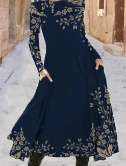 Outlet Women's Midi Dress A Line Dress Casual Dress Winter Dress Swing Dress Fashion Streetwear Mature Formal Outdoor Vacation Regular Fit Floral Long Sleeve Crew Neck Black Navy Blue Royal Blue Blue Spring Women Work Dresses