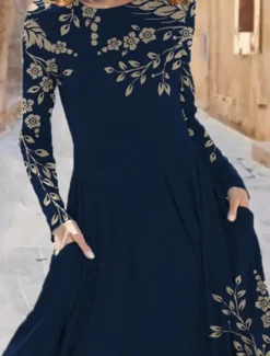 Outlet Women's Midi Dress A Line Dress Casual Dress Winter Dress Swing Dress Fashion Streetwear Mature Formal Outdoor Vacation Regular Fit Floral Long Sleeve Crew Neck Black Navy Blue Royal Blue Blue Spring Women Work Dresses