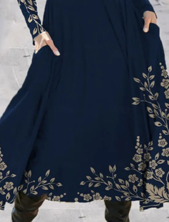 Outlet Women's Midi Dress A Line Dress Casual Dress Winter Dress Swing Dress Fashion Streetwear Mature Formal Outdoor Vacation Regular Fit Floral Long Sleeve Crew Neck Black Navy Blue Royal Blue Blue Spring Women Work Dresses