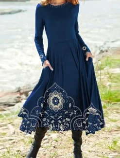 Outlet Women's Midi Dress A Line Dress Casual Dress Winter Dress Swing Dress Fashion Streetwear Mature Formal Outdoor Vacation Regular Fit Floral Long Sleeve Crew Neck Black Navy Blue Royal Blue Blue Spring Women Work Dresses