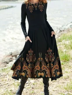 Outlet Women's Midi Dress A Line Dress Casual Dress Winter Dress Swing Dress Fashion Streetwear Mature Formal Outdoor Vacation Regular Fit Floral Long Sleeve Crew Neck Black Navy Blue Royal Blue Blue Spring Women Work Dresses