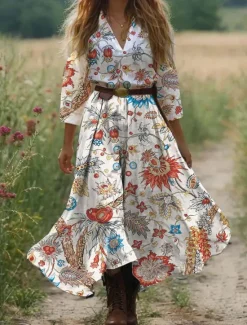 New Women's Midi Dress A Line Dress Vacation Casual Boho Outdoor Going out Beach Loose Fit Floral Graphic 3/4 Length Sleeve V Neck Pink Blue Orange Green Summer Women Vacation Dresses