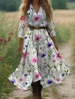 New Women's Midi Dress A Line Dress Vacation Casual Boho Outdoor Going out Beach Loose Fit Floral Graphic 3/4 Length Sleeve V Neck Pink Blue Orange Green Summer Women Vacation Dresses