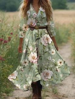 New Women's Midi Dress A Line Dress Vacation Casual Boho Outdoor Going out Beach Loose Fit Floral Graphic 3/4 Length Sleeve V Neck Pink Blue Orange Green Summer Women Vacation Dresses