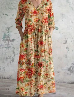 Sale Women's Midi Dress A Line Dress Casual Outdoor Going out Loose Fit Floral Graphic 3/4 Length Sleeve V Neck Black Pink Blue Orange Summer Spring Fall Women Vacation Dresses