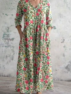 Sale Women's Midi Dress A Line Dress Casual Outdoor Going out Loose Fit Floral Graphic 3/4 Length Sleeve V Neck Black Pink Blue Orange Summer Spring Fall Women Vacation Dresses