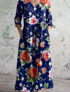 Sale Women's Midi Dress A Line Dress Casual Outdoor Going out Loose Fit Floral Graphic 3/4 Length Sleeve V Neck Black Pink Blue Orange Summer Spring Fall Women Vacation Dresses