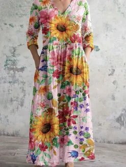 Sale Women's Midi Dress A Line Dress Casual Outdoor Going out Loose Fit Floral Graphic 3/4 Length Sleeve V Neck Black Pink Blue Orange Summer Spring Fall Women Vacation Dresses