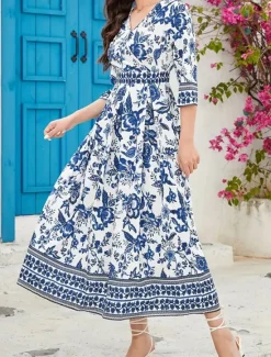 Women's Midi Dress A Line Dress Summer Dress Boho Dress Elegant Stylish Ethnic Vacation Daily Date Regular Fit Floral 3/4 Length Sleeve V Neck Summer Women Spring Dresses