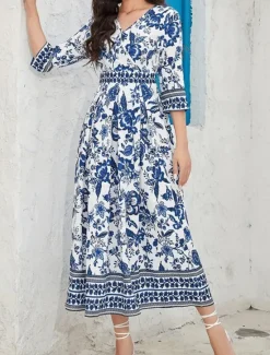 Women's Midi Dress A Line Dress Summer Dress Boho Dress Elegant Stylish Ethnic Vacation Daily Date Regular Fit Floral 3/4 Length Sleeve V Neck Summer Women Spring Dresses