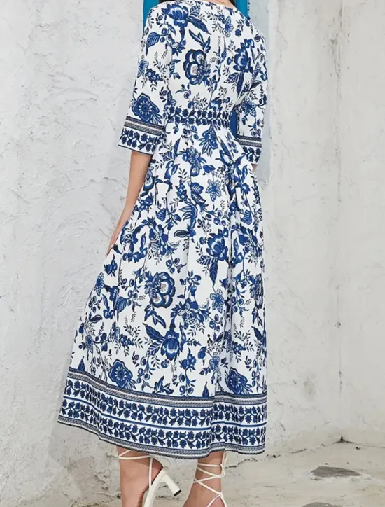 Women's Midi Dress A Line Dress Summer Dress Boho Dress Elegant Stylish Ethnic Vacation Daily Date Regular Fit Floral 3/4 Length Sleeve V Neck Summer Women Spring Dresses