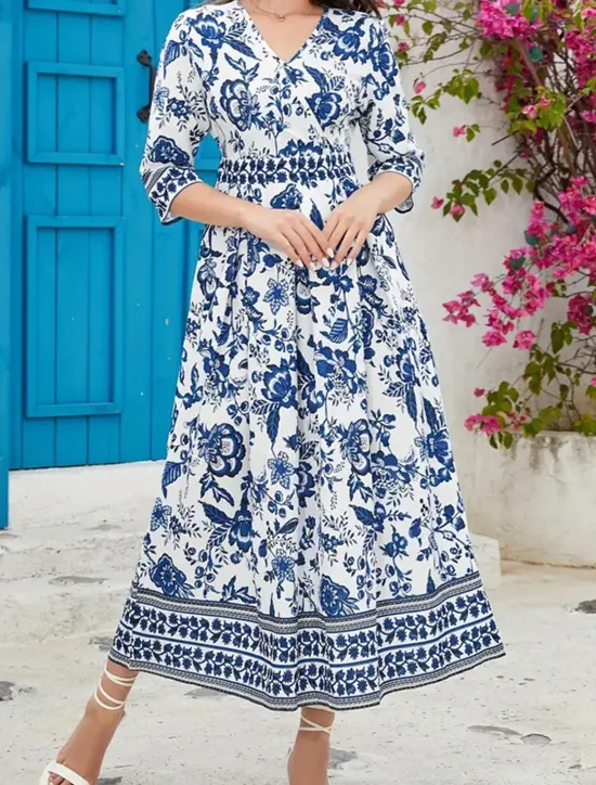 Women's Midi Dress A Line Dress Summer Dress Boho Dress Elegant Stylish Ethnic Vacation Daily Date Regular Fit Floral 3/4 Length Sleeve V Neck Summer Women Spring Dresses
