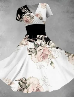 Online Women's Midi Dress A Line Dress Summer Dress Fit And Flare Dress Party Casual Daily Holiday Regular Fit Floral Graphic Short Sleeve V Neck Black White Orange Summer Women Casual Dress