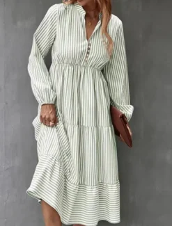 Discount Women's Midi Dress A Line Dress Casual Daily Loose Fit Striped Long Sleeve V Neck Black Blue Green Spring Fall Women Casual Dress