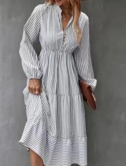 Discount Women's Midi Dress A Line Dress Casual Daily Loose Fit Striped Long Sleeve V Neck Black Blue Green Spring Fall Women Casual Dress