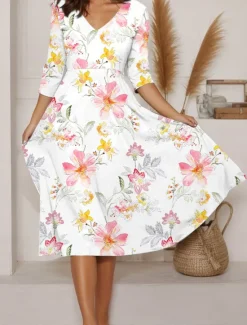 Clearance Women's Midi Dress A Line Dress Summer Dress Vacation Casual Daily Regular Fit Floral Graphic Long Sleeve V Neck Pink Blue Green Summer Women Sundresses