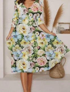 Clearance Women's Midi Dress A Line Dress Summer Dress Vacation Casual Daily Regular Fit Floral Graphic Long Sleeve V Neck Pink Blue Green Summer Women Sundresses