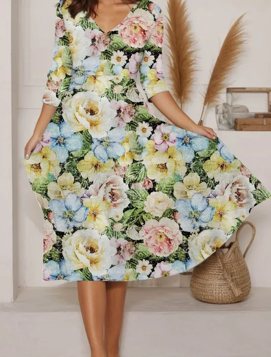 Clearance Women's Midi Dress A Line Dress Summer Dress Vacation Casual Daily Regular Fit Floral Graphic Long Sleeve V Neck Pink Blue Green Summer Women Sundresses