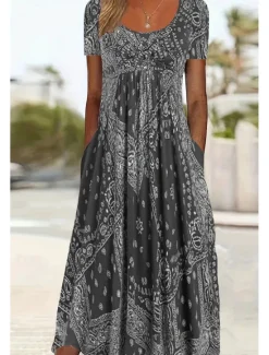 Best Women's Midi Dress A Line Dress Summer Dress Casual Daily Regular Fit Paisley Short Sleeve Square Neck Pink Red Blue Gray Summer Women Sundresses|Casual Dress