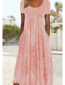 Best Women's Midi Dress A Line Dress Summer Dress Casual Daily Regular Fit Paisley Short Sleeve Square Neck Pink Red Blue Gray Summer Women Sundresses|Casual Dress