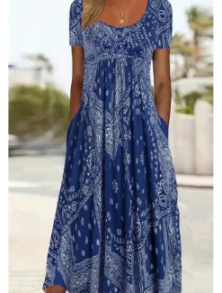 Best Women's Midi Dress A Line Dress Summer Dress Casual Daily Regular Fit Paisley Short Sleeve Square Neck Pink Red Blue Gray Summer Women Sundresses|Casual Dress