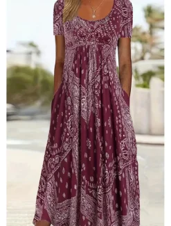 Best Women's Midi Dress A Line Dress Summer Dress Casual Daily Regular Fit Paisley Short Sleeve Square Neck Pink Red Blue Gray Summer Women Sundresses|Casual Dress