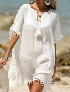 Outlet Women's Midi Dress Beach Dress Tropical Stylish Daily Date Loose Fit Plain Short Sleeve Crew Neck Summer Women Cover Up
