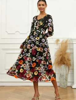 Outlet Women's Midi Dress Dress A Line Dress Elegant Stylish Bishop Sleeve Wedding Guest Cocktail Party Regular Fit Floral Long Sleeve V Neck Spring Fall Women Cocktail Dress