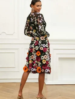 Outlet Women's Midi Dress Dress A Line Dress Elegant Stylish Bishop Sleeve Wedding Guest Cocktail Party Regular Fit Floral Long Sleeve V Neck Spring Fall Women Cocktail Dress