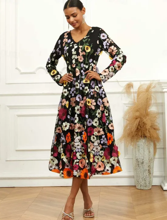 Outlet Women's Midi Dress Dress A Line Dress Elegant Stylish Bishop Sleeve Wedding Guest Cocktail Party Regular Fit Floral Long Sleeve V Neck Spring Fall Women Cocktail Dress