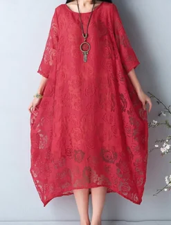 Online Women's Midi Dress Black Dress Lace Dress Elegant Stylish Casual Vacation Party Work Regular Fit Plain Short Sleeve Crew Neck Black White Red Summer Spring Fall Women White Dresses