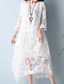 Online Women's Midi Dress Black Dress Lace Dress Elegant Stylish Casual Vacation Party Work Regular Fit Plain Short Sleeve Crew Neck Black White Red Summer Spring Fall Women White Dresses