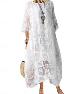 Online Women's Midi Dress Black Dress Lace Dress Elegant Stylish Casual Vacation Party Work Regular Fit Plain Short Sleeve Crew Neck Black White Red Summer Spring Fall Women White Dresses