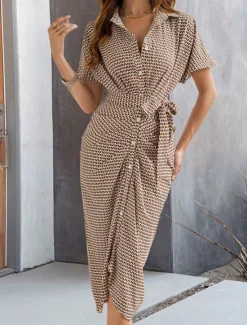 Sale Women's Midi Dress Blazer Dress Stylish Casual Vacation Work Daily Regular Fit Plaid Stripe Half Sleeve Shirt Collar Black Brown Summer Spring Fall Women Work Dresses