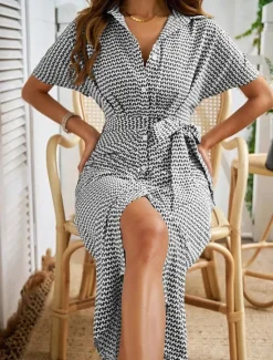 Sale Women's Midi Dress Blazer Dress Stylish Casual Vacation Work Daily Regular Fit Plaid Stripe Half Sleeve Shirt Collar Black Brown Summer Spring Fall Women Work Dresses